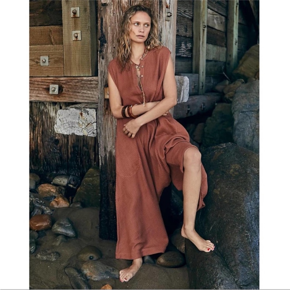 Free People La Terra One-Piece waffle Jumpsuit romper rust sz xs